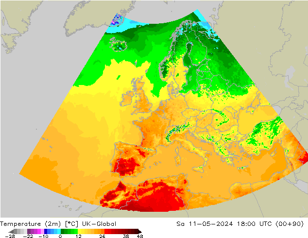 Temperatuurkaart (2m) UK-Global za 11.05.2024 18 UTC