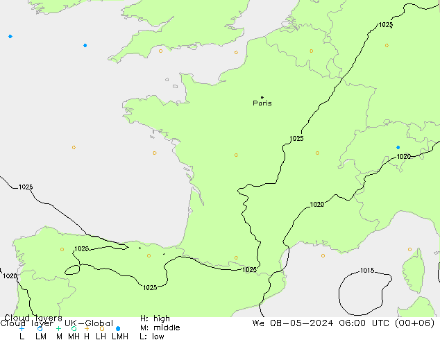 Wolkenschichten UK-Global Mi 08.05.2024 06 UTC