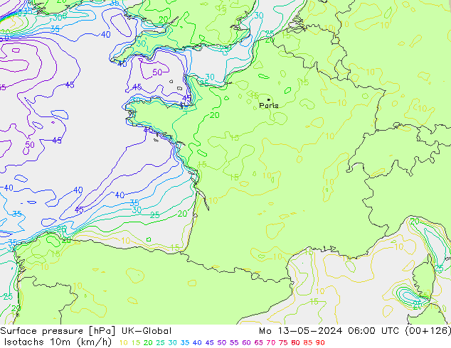 Isotachs (kph) UK-Global  13.05.2024 06 UTC