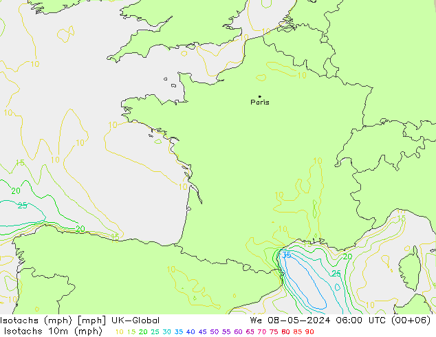 Izotacha (mph) UK-Global śro. 08.05.2024 06 UTC
