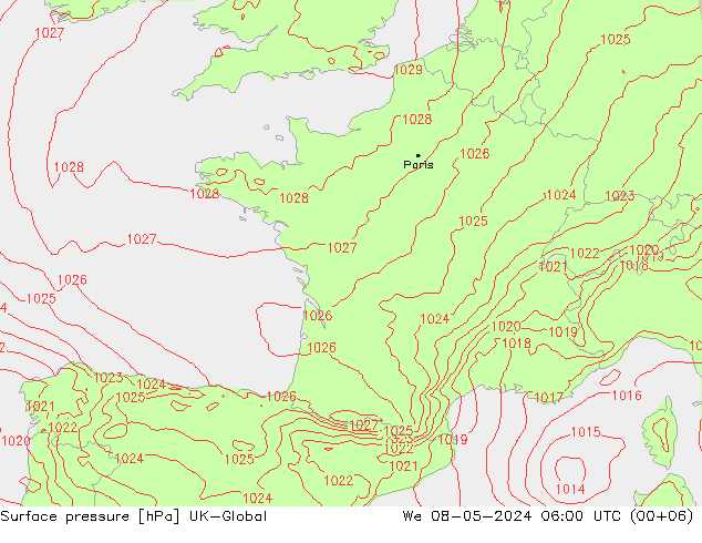 Atmosférický tlak UK-Global St 08.05.2024 06 UTC
