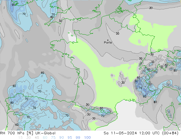 Humedad rel. 700hPa UK-Global sáb 11.05.2024 12 UTC