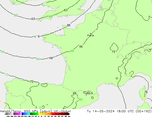 Height/Temp. 950 hPa UK-Global Tu 14.05.2024 18 UTC