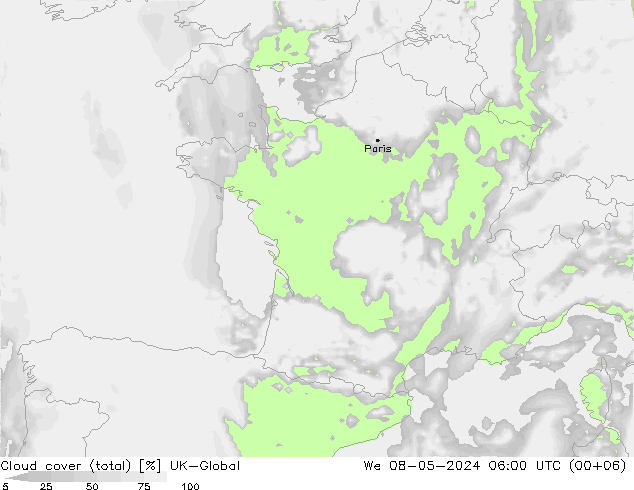 Bewolking (Totaal) UK-Global wo 08.05.2024 06 UTC