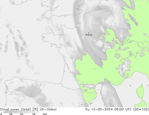 Cloud cover (total) UK-Global Su 12.05.2024 06 UTC