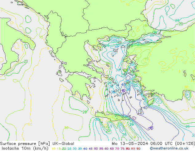 Isotachs (kph) UK-Global пн 13.05.2024 06 UTC