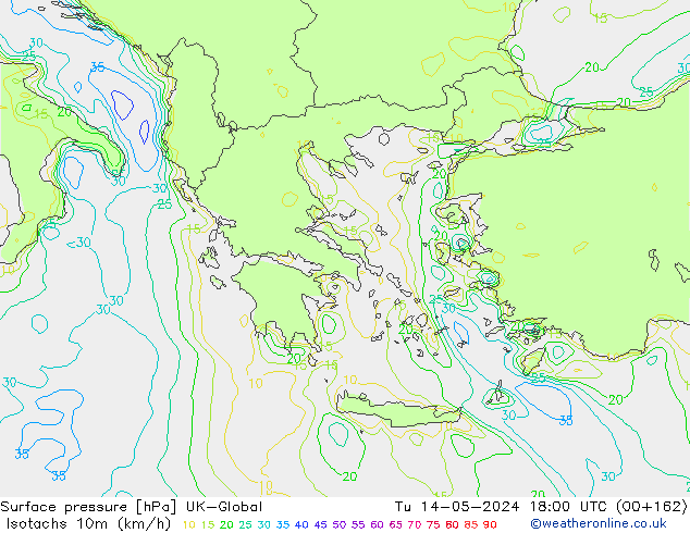 Isotachs (kph) UK-Global вт 14.05.2024 18 UTC