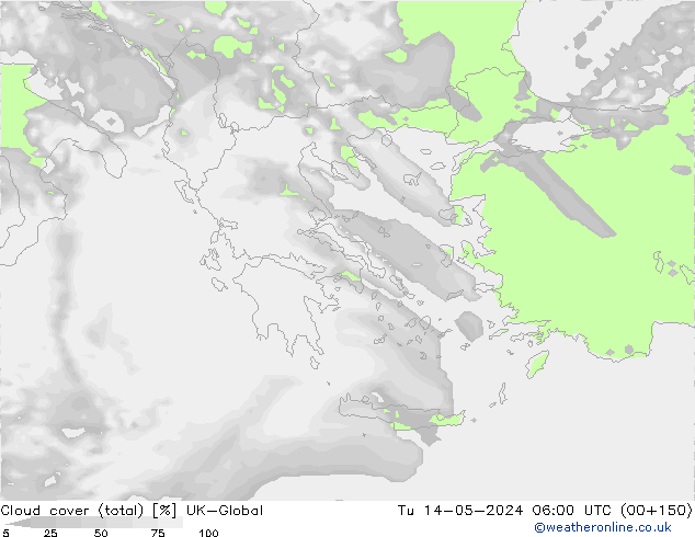 Cloud cover (total) UK-Global Út 14.05.2024 06 UTC