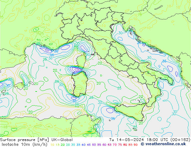 Isotachs (kph) UK-Global mar 14.05.2024 18 UTC