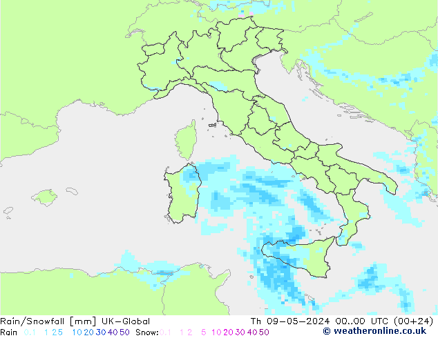 Rain/Snowfall UK-Global gio 09.05.2024 00 UTC