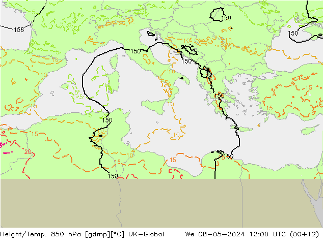 Height/Temp. 850 hPa UK-Global mer 08.05.2024 12 UTC
