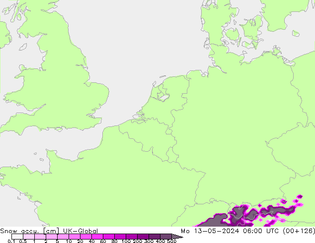 Snow accu. UK-Global Mo 13.05.2024 06 UTC