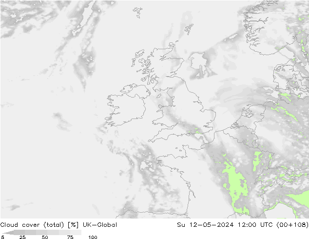 Cloud cover (total) UK-Global Su 12.05.2024 12 UTC