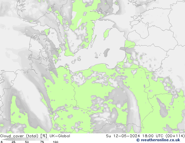 Cloud cover (total) UK-Global Su 12.05.2024 18 UTC