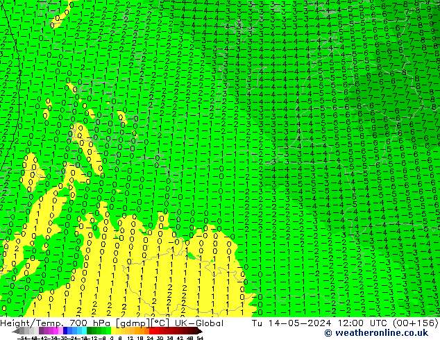 Hoogte/Temp. 700 hPa UK-Global di 14.05.2024 12 UTC