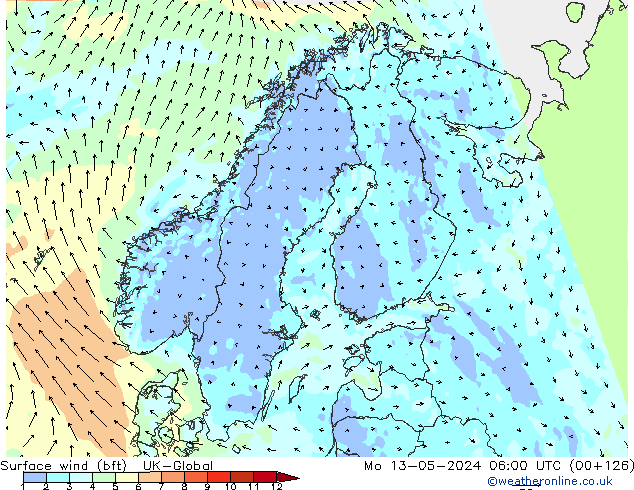 Vento 10 m (bft) UK-Global Seg 13.05.2024 06 UTC