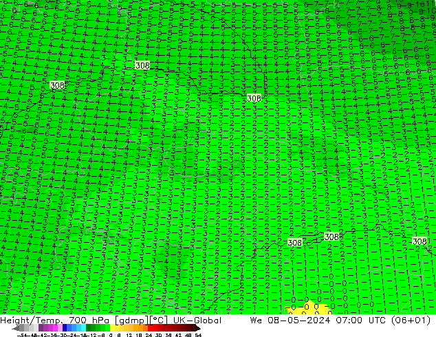 Geop./Temp. 700 hPa UK-Global mié 08.05.2024 07 UTC
