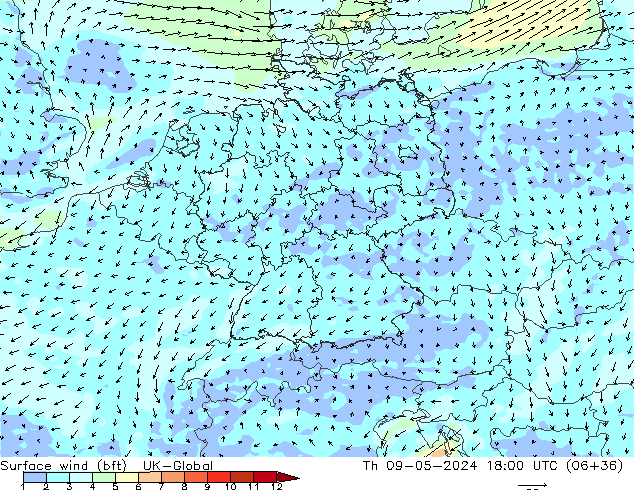 Wind 10 m (bft) UK-Global do 09.05.2024 18 UTC