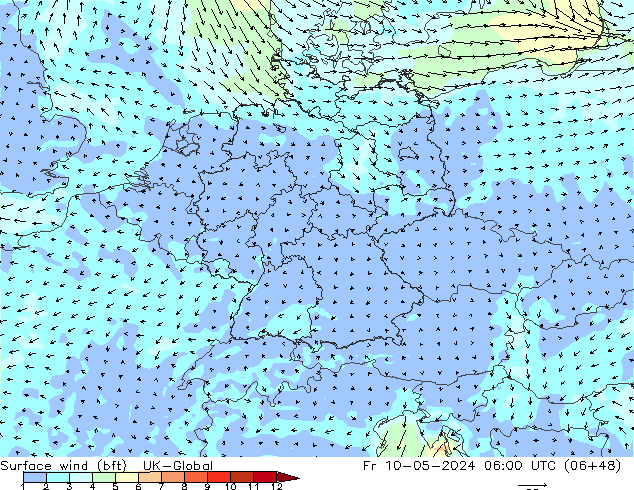 Surface wind (bft) UK-Global Fr 10.05.2024 06 UTC