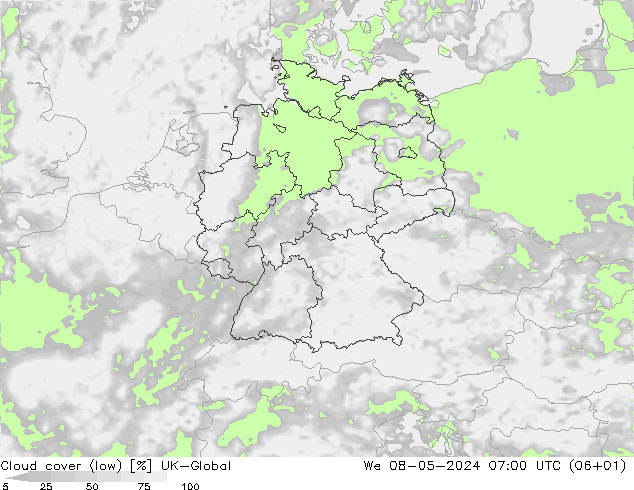 Cloud cover (low) UK-Global We 08.05.2024 07 UTC
