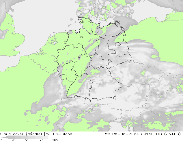Cloud cover (middle) UK-Global We 08.05.2024 09 UTC