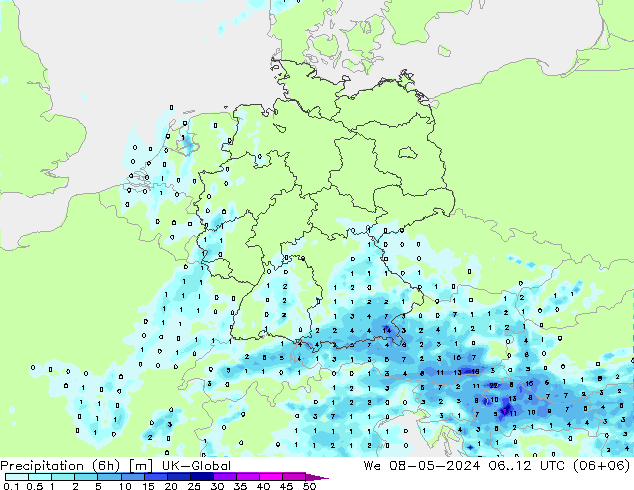 降水量 (6h) UK-Global 星期三 08.05.2024 12 UTC