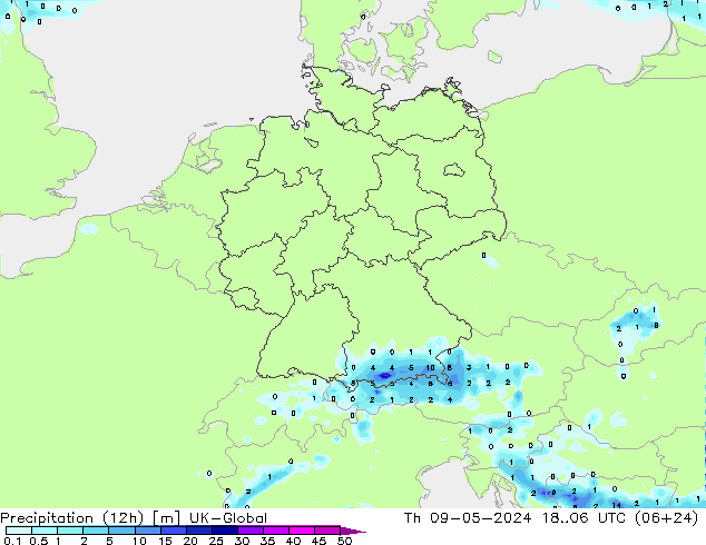 Precipitation (12h) UK-Global Th 09.05.2024 06 UTC