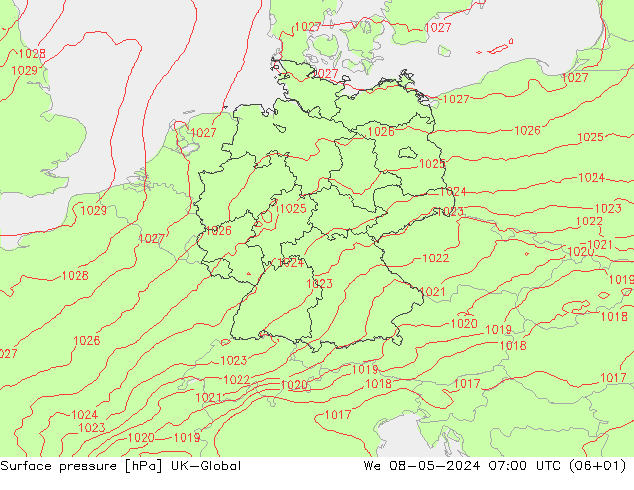 地面气压 UK-Global 星期三 08.05.2024 07 UTC
