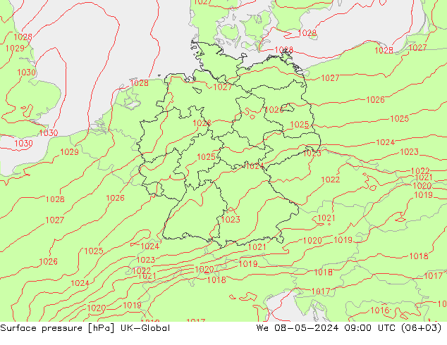 Surface pressure UK-Global We 08.05.2024 09 UTC