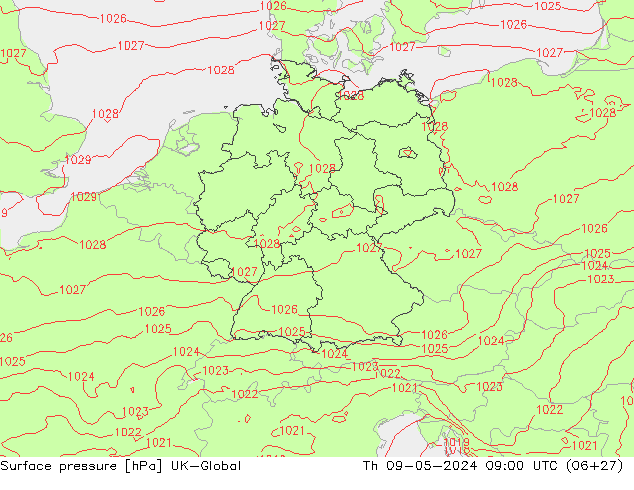 Pressione al suolo UK-Global gio 09.05.2024 09 UTC