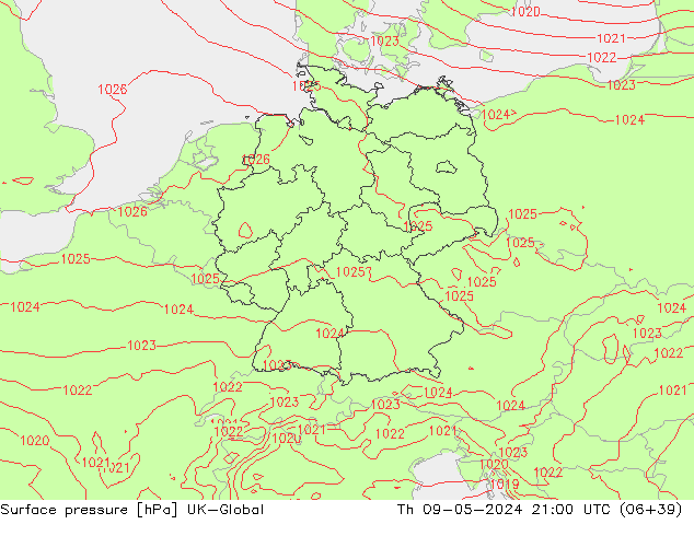 Presión superficial UK-Global jue 09.05.2024 21 UTC