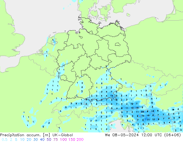 Precipitation accum. UK-Global 星期三 08.05.2024 12 UTC
