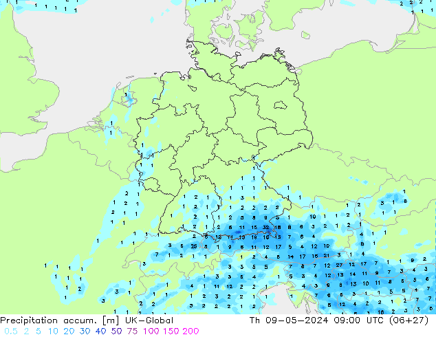 Precipitation accum. UK-Global чт 09.05.2024 09 UTC