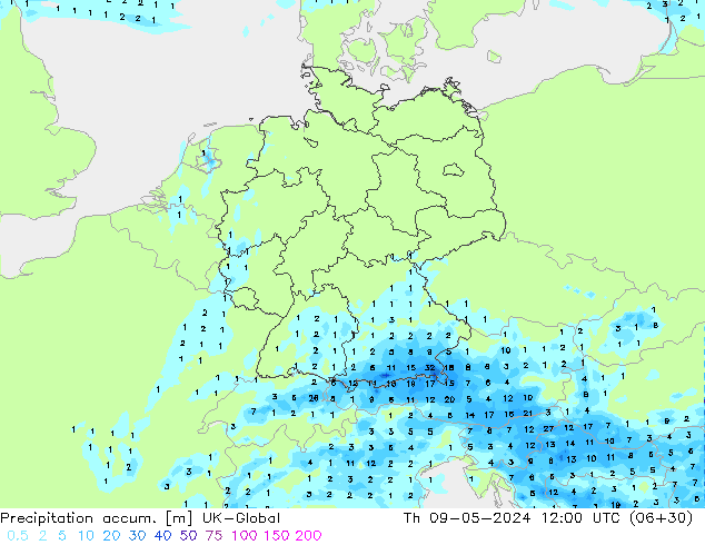 Precipitation accum. UK-Global Čt 09.05.2024 12 UTC