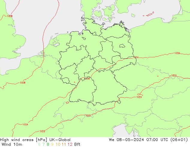 High wind areas UK-Global 星期三 08.05.2024 07 UTC