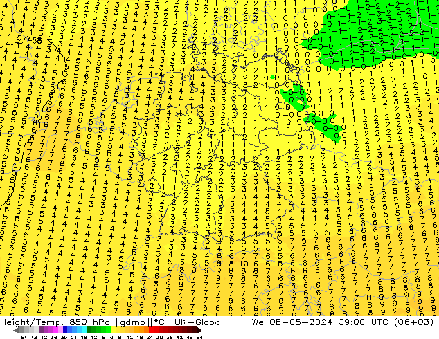 Height/Temp. 850 hPa UK-Global Mi 08.05.2024 09 UTC