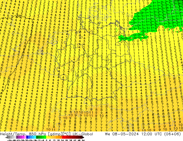 Hoogte/Temp. 850 hPa UK-Global wo 08.05.2024 12 UTC