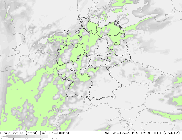 Cloud cover (total) UK-Global We 08.05.2024 18 UTC