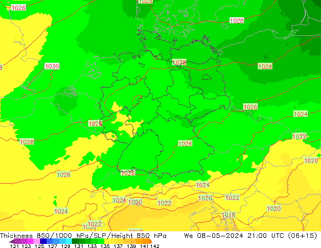 Thck 850-1000 hPa UK-Global śro. 08.05.2024 21 UTC