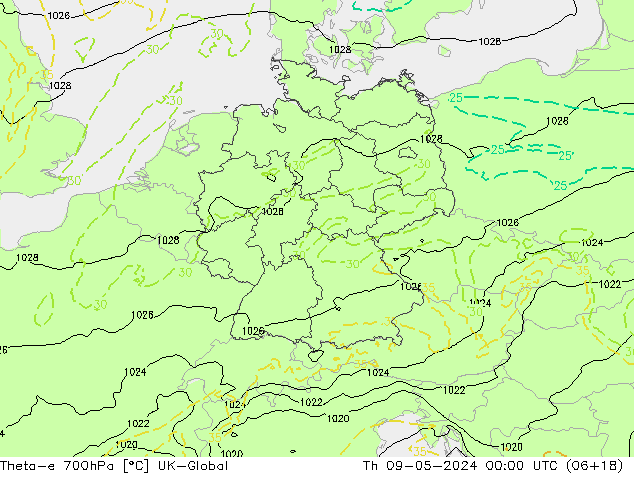 Theta-e 700hPa UK-Global do 09.05.2024 00 UTC