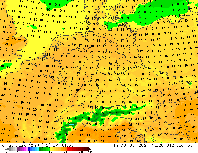 Temperatura (2m) UK-Global jue 09.05.2024 12 UTC