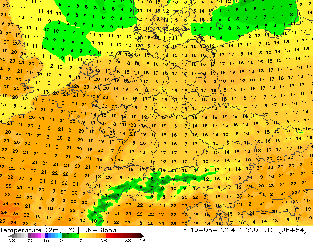 Temperatura (2m) UK-Global vie 10.05.2024 12 UTC