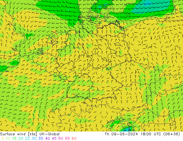Surface wind UK-Global Th 09.05.2024 18 UTC