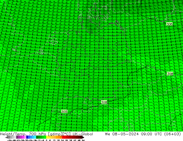 Height/Temp. 700 hPa UK-Global śro. 08.05.2024 09 UTC