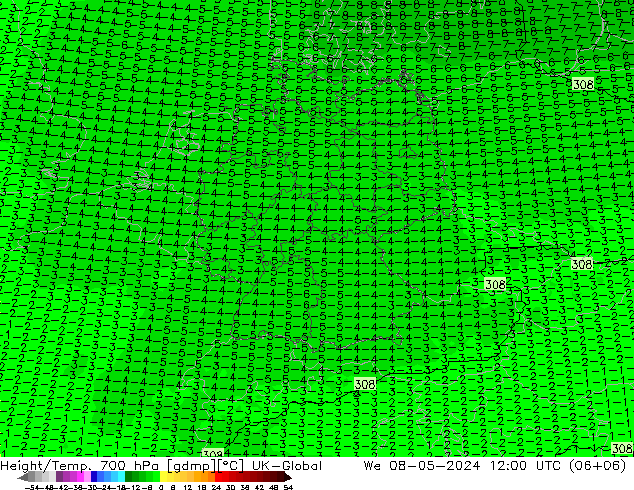 Height/Temp. 700 hPa UK-Global 星期三 08.05.2024 12 UTC