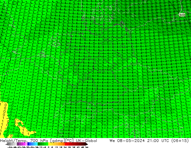 Yükseklik/Sıc. 700 hPa UK-Global Çar 08.05.2024 21 UTC