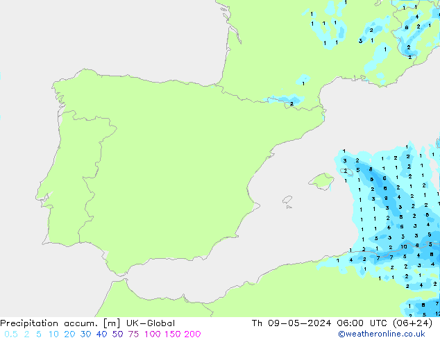 Precipitation accum. UK-Global Th 09.05.2024 06 UTC