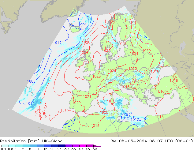 Precipitación UK-Global mié 08.05.2024 07 UTC
