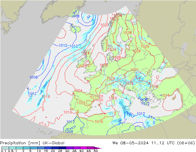 Neerslag UK-Global wo 08.05.2024 12 UTC