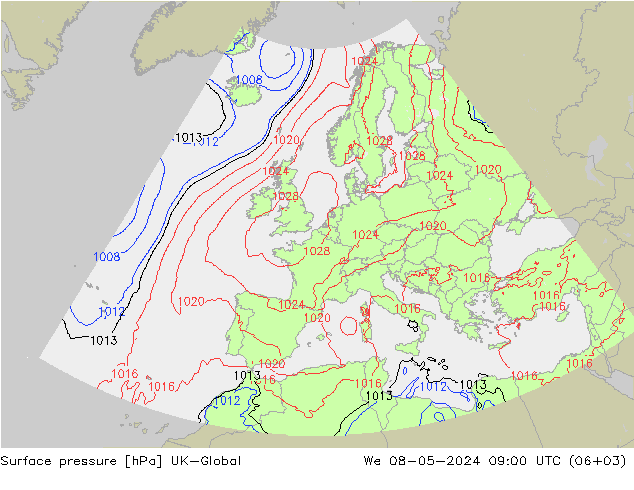地面气压 UK-Global 星期三 08.05.2024 09 UTC